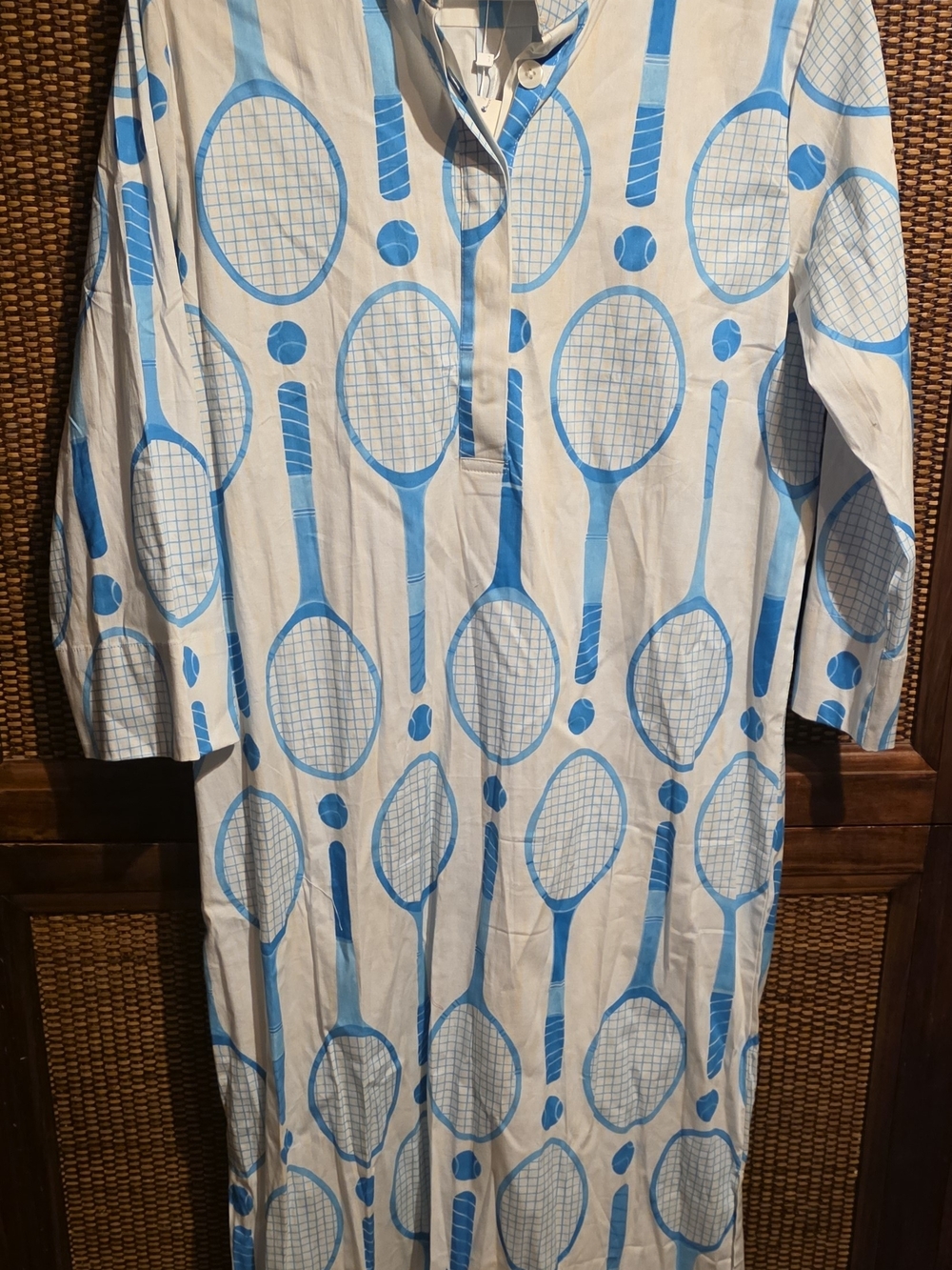 Holly Shae NWT Blue & White Tennis-Print Maxi Shirt Dress PTP 21 With Sash Belt - Picture 2 of 4